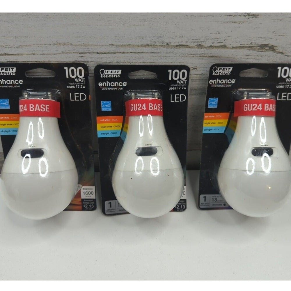 3 Pack Feit Electric Enhance 100W LED GU24 Base A21 Dimmable Bulb